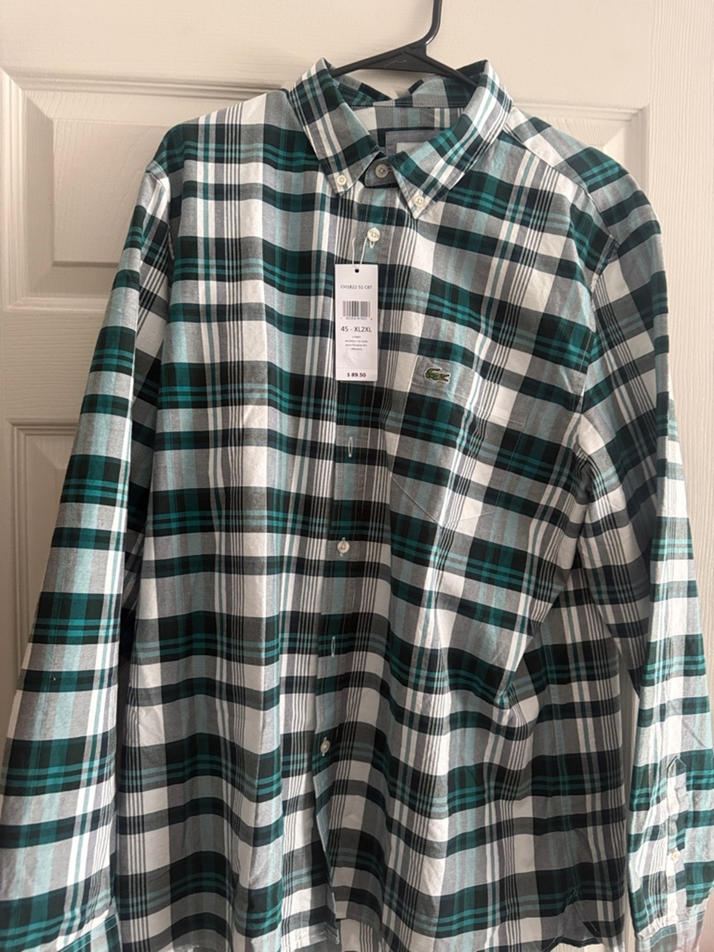 Lacoste Teal Green & White Plaid Button-Down Shirt